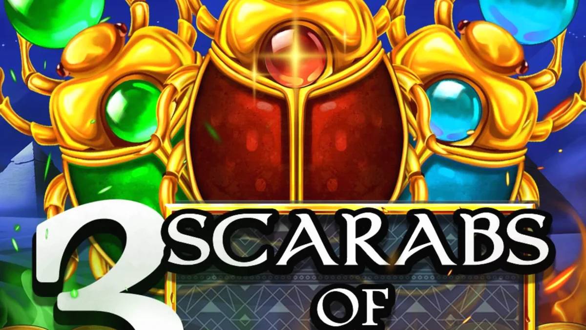 Tampilan visual slot 3 Scarabs of Fortune dengan latar belakang piramida Mesir
